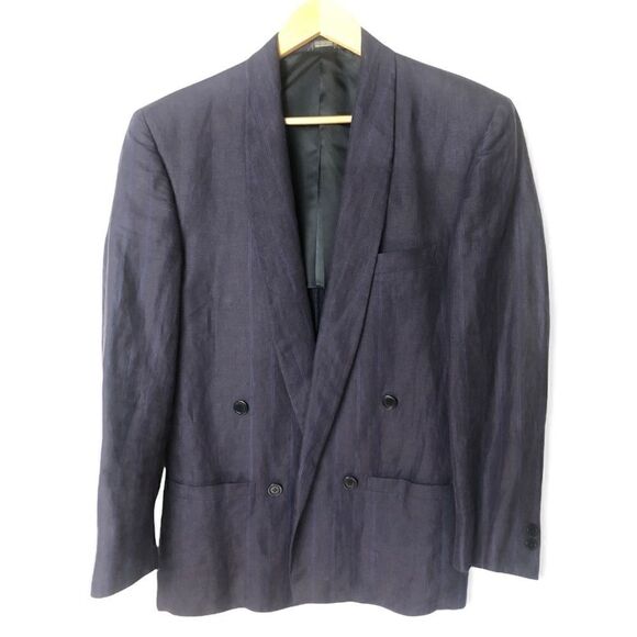 GIANNI VERSACE MENS NAVY BLUE PINSTRIPE VINTAGE SUIT JACKET SIZE IT44 XS - Picture 1 of 14